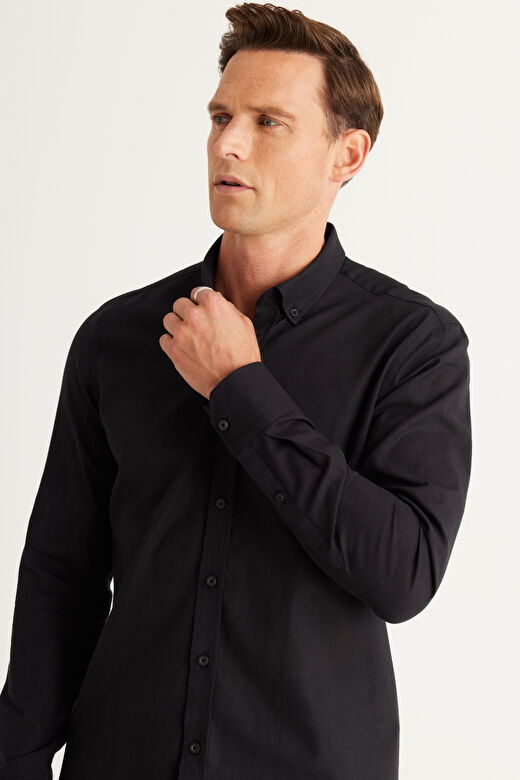 Erkek Siyah Tailored Slim Fit Dar Kesim Düğmeli Yaka Keten Görünümlü %100 Pamuk Flamlı Gömlek 3