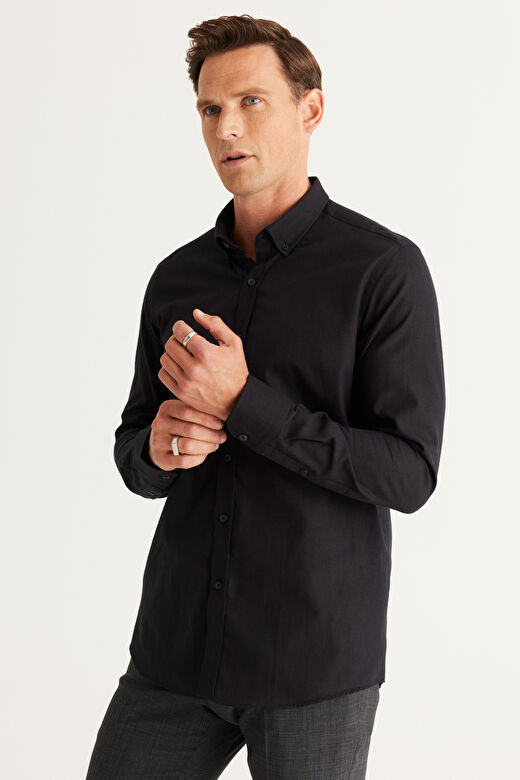 Erkek Siyah Tailored Slim Fit Dar Kesim Düğmeli Yaka Keten Görünümlü %100 Pamuk Flamlı Gömlek 4