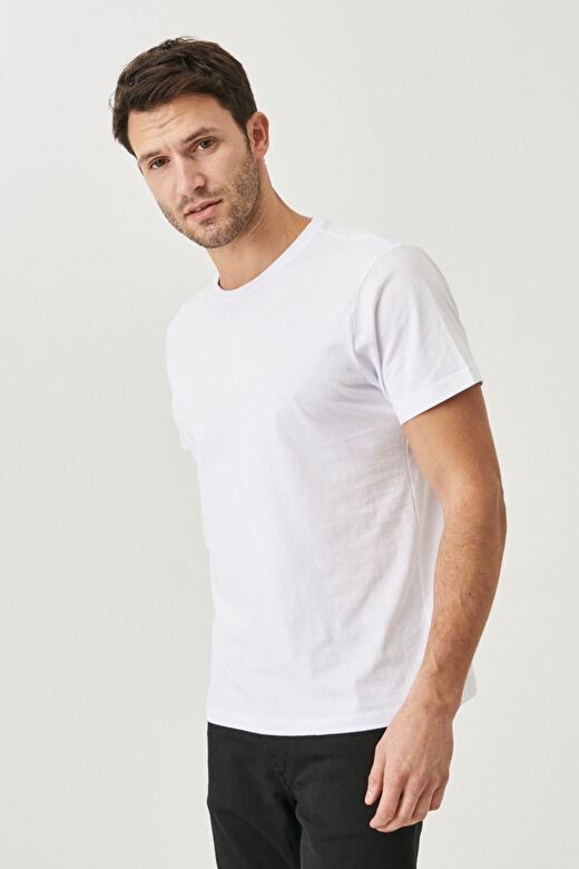 Erkek Beyaz Slim Fit Dar Kesim %100 Pamuk Bisiklet Yaka Kısa Kollu Tişört 4