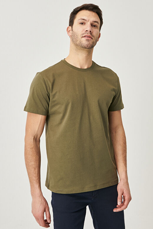 Erkek Haki Slim Fit Dar Kesim %100 Pamuk Bisiklet Yaka Kısa Kollu Tişört 2