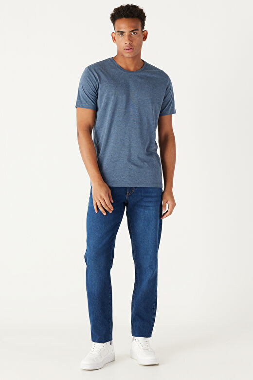 Erkek İndigo Melanj Slim Fit Dar Kesim %100 Pamuk Bisiklet Yaka Kısa Kollu Tişört 2