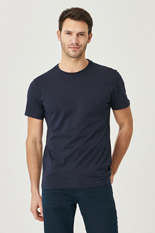 Erkek Lacivert Slim Fit Dar Kesim %100 Pamuk Bisiklet Yaka Kısa Kollu Tişört 3