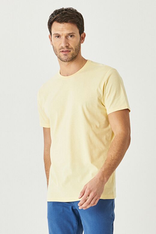 Erkek Sarı Slim Fit Dar Kesim %100 Pamuk Bisiklet Yaka Kısa Kollu Tişört 1