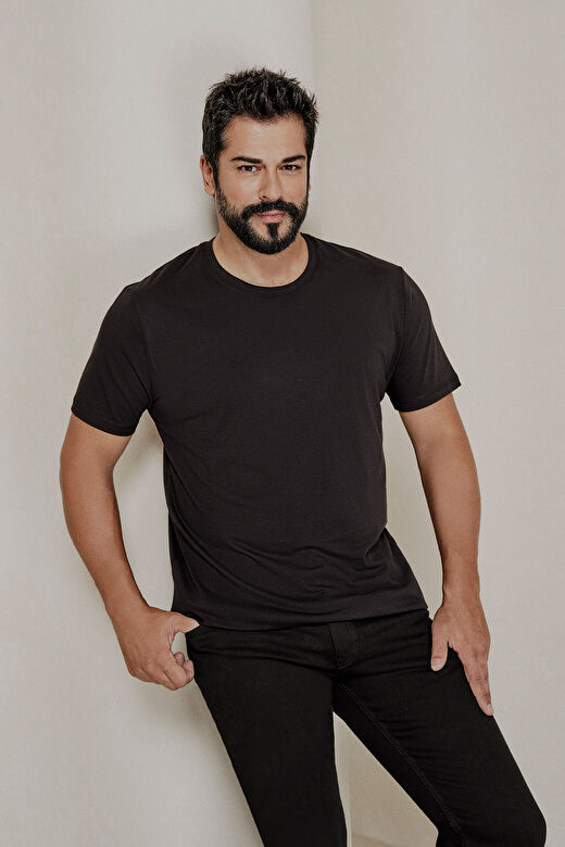 Erkek Siyah Slim Fit Dar Kesim %100 Pamuk Bisiklet Yaka Kısa Kollu Tişört 1