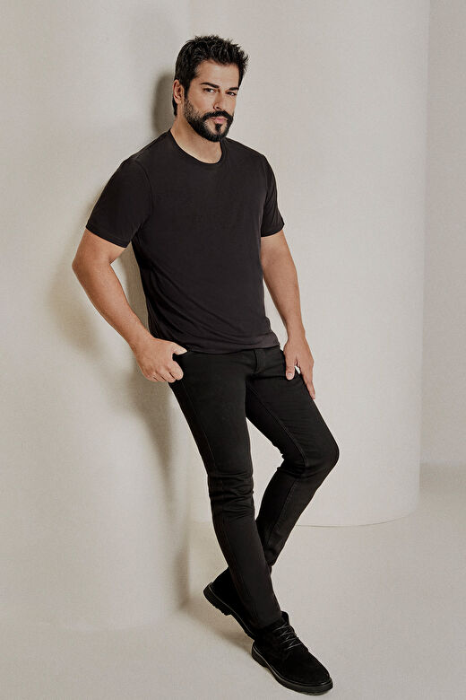 Erkek Siyah Slim Fit Dar Kesim %100 Pamuk Bisiklet Yaka Kısa Kollu Tişört 2