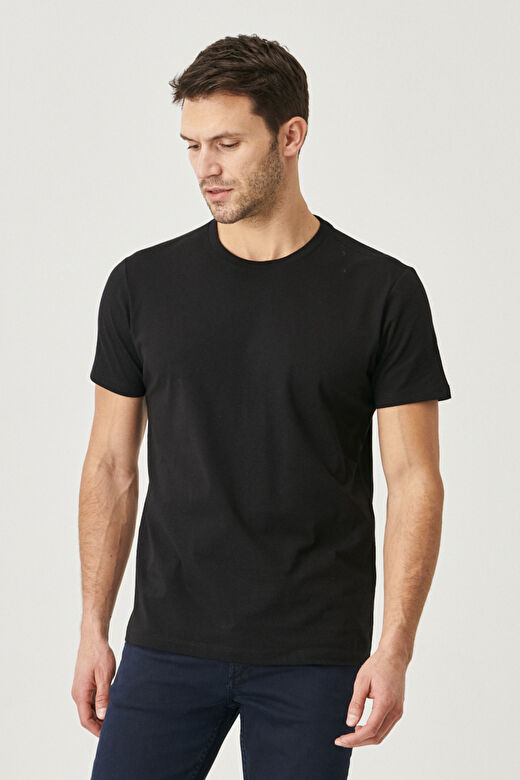 Erkek Siyah Slim Fit Dar Kesim %100 Pamuk Bisiklet Yaka Kısa Kollu Tişört 4