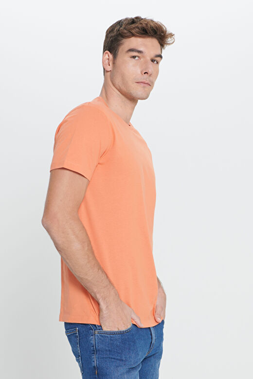 Erkek Turuncu Slim Fit Dar Kesim %100 Pamuk Bisiklet Yaka Kısa Kollu Tişört 3