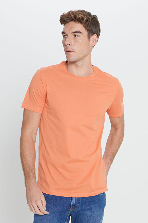 Erkek Turuncu Slim Fit Dar Kesim %100 Pamuk Bisiklet Yaka Kısa Kollu Tişört 2