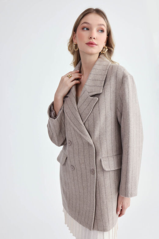 Çizgili Oversize Kaşe Kaban 2
