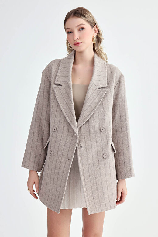 Çizgili Oversize Kaşe Kaban 4