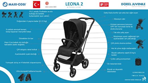 Maxi-Cosi Leona2 Çift Yönlü Uzatılabilir Sırt Desteği Tam Yatabilir Bebek Arabası Twillic Black 3