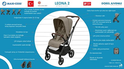 Maxi-Cosi Leona2 Çift Yönlü Uzatılabilir Sırt Desteği Tam Yatabilir Bebek Arabası Twillic Truffle 3