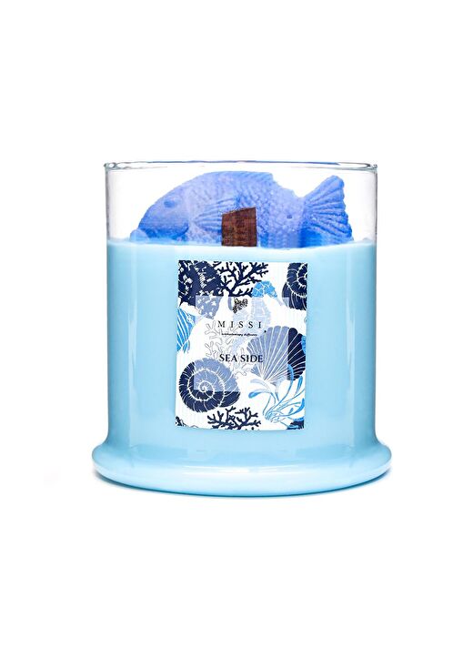 Büyük Üfleme Cam Balık Dekorlu Açık Mavi Aqua Mediterian Kokulu Vegan Mum (380 gr) 4