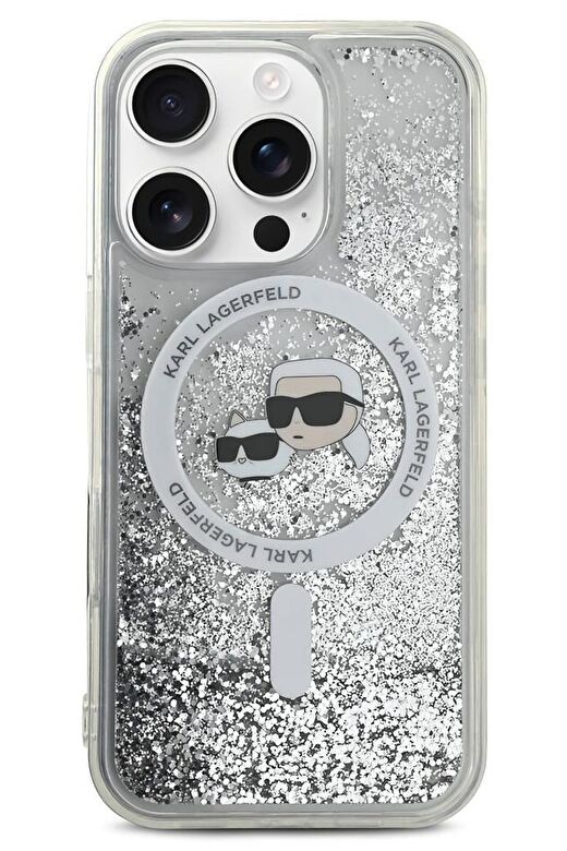 Karl Lagerfeld Heads Sıvı Simli iPhone 16 Pro Magsafe Uyumlu Kılıf 1