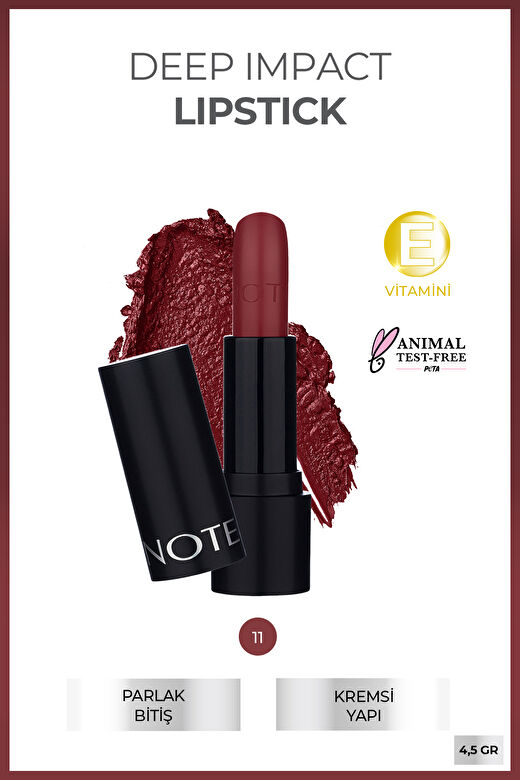 Note Deep Impact Lipstick 11 Vibrant Pink Kremsi Dokulu Yarı Parlak Ruj - Kırmızı 2