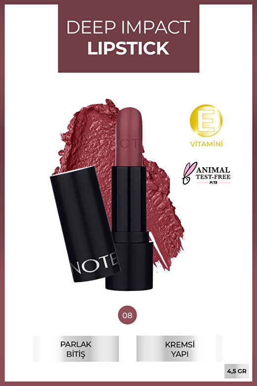 Note Deep Impact Lipstick 08 Sophisticate Burgundy Kremsi Dokulu Yarı Parlak Ruj - Kırmızı 2