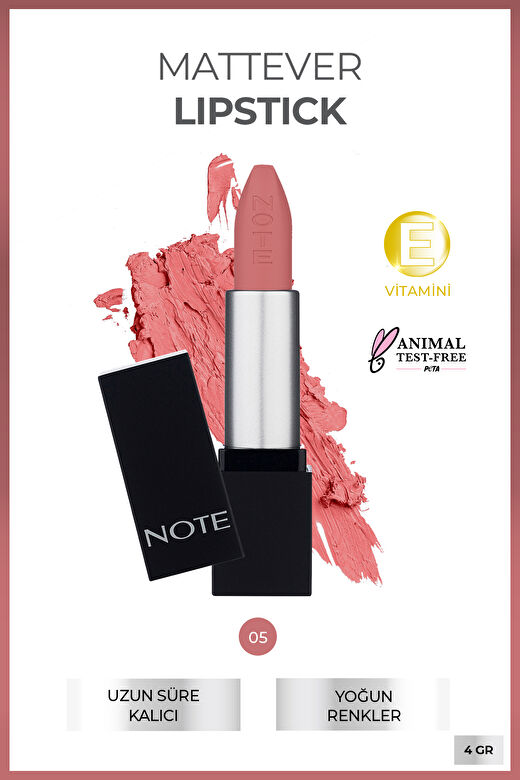 Note Mattever Lipstick 05 Rose Delights Yarı Mat Saten Bitişli Ruj - Pembe 2