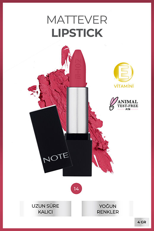 Note Mattever Lipstick 14 Dear Cherry Yarı Mat Saten Bitişli Ruj - Pembe 2