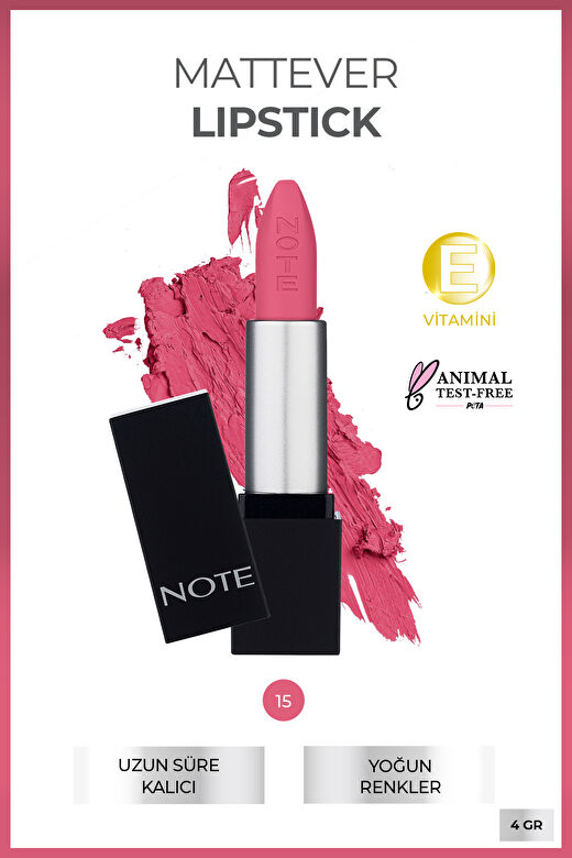 Note Mattever Lipstick 15 Favorite Pink Yarı Mat Saten Bitişli Ruj - Pembe 2