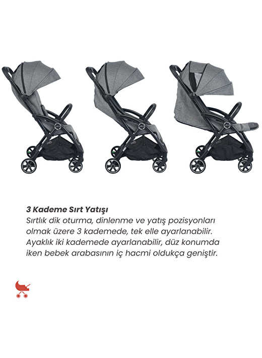 Merkür Bebe Ruby Tek Tuşla Otomatik Katlanan Kabin Boy Bebek Arabası Gri 2
