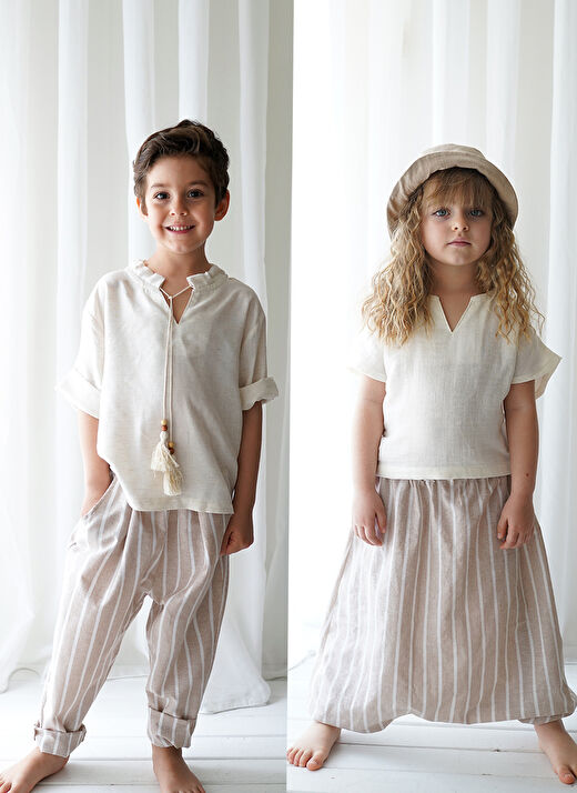 Linen Line Kahve Beyaz Çizgili Carrot Pantolon + Krem Keten İpli Gömlek 3