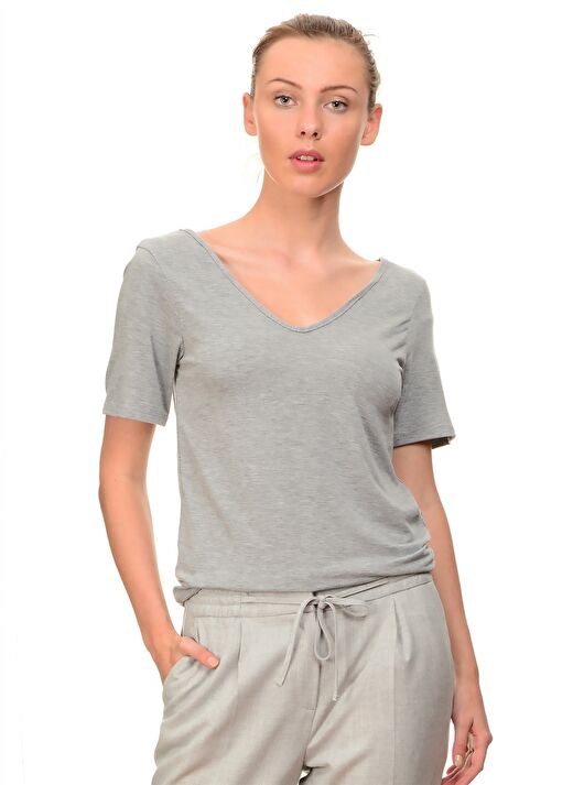 Missguided V Yaka Kısa Kollu Normal Kesim Gri Kadın T-Shirt  1