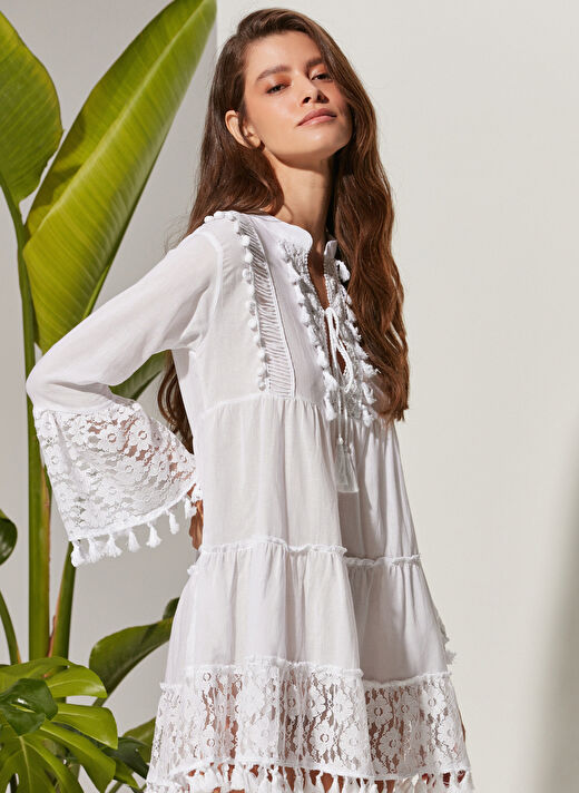  White by Nature Geniş Yaka Beyaz  Kadın Plaj Elbisesi 2