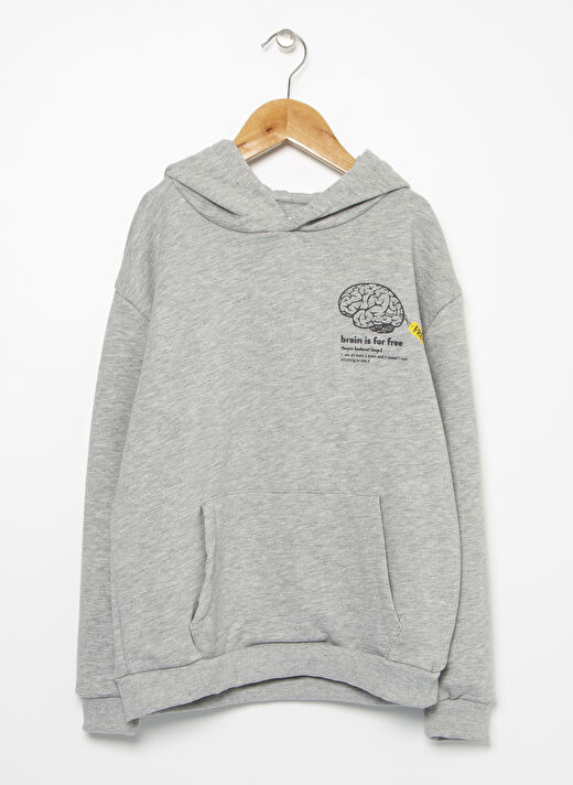 Turkish Dictionary Kapüşonlu Standart Kalıp Baskılı Gri Melanj Çocuk Sweatshirt - Brain D1 1