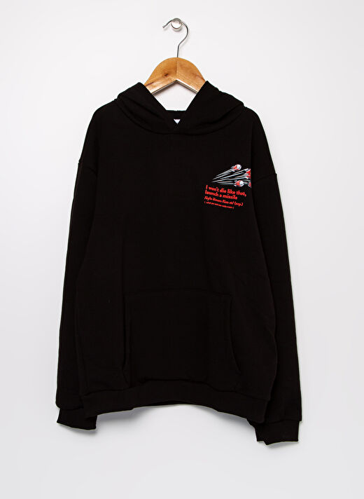 Turkish Dictionary Kapüşonlu Standart Kalıp Baskılı Siyah Çocuk Sweatshirt - Space D1 1