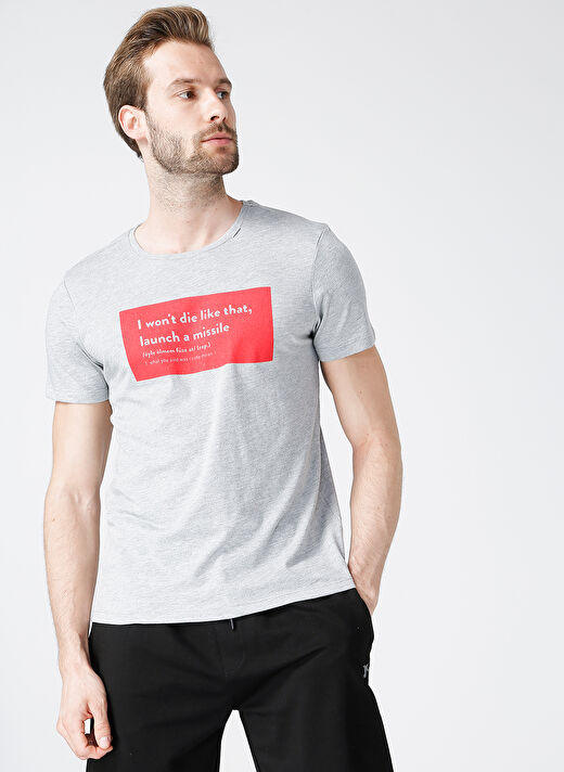 Turkish Dictionary O Yaka Gri Melanj Erkek T-Shirt 2