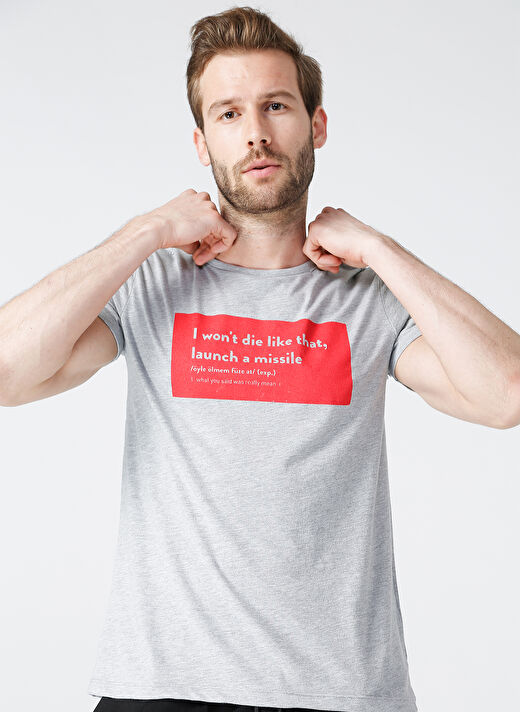 Turkish Dictionary O Yaka Gri Melanj Erkek T-Shirt 3