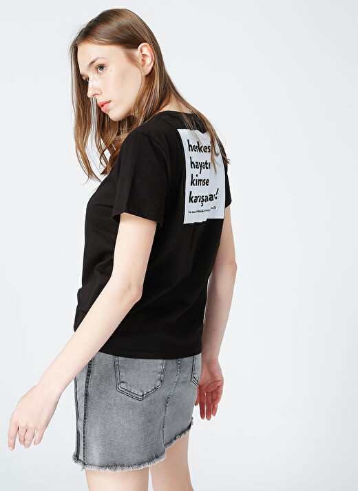 Siyah Kadın Bisiklet Yaka Baskılı T-Shirt 1