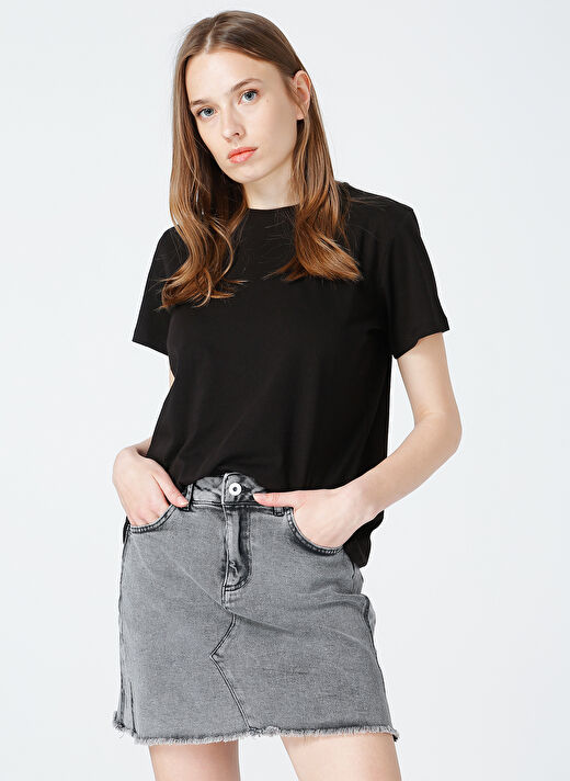 Siyah Kadın Bisiklet Yaka Baskılı T-Shirt 2