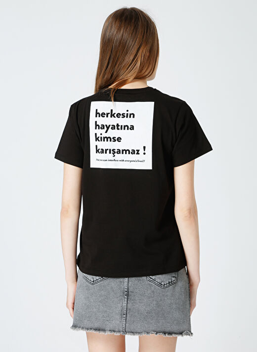 Siyah Kadın Bisiklet Yaka Baskılı T-Shirt 4