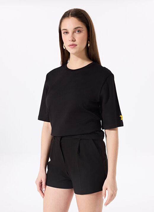 Fabrika Siyah Kadın Bisiklet Yaka Oversize T-Shirt DANTITA 3