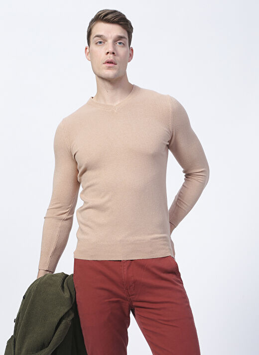 Polo Studio X Fabrika V Yaka Dar Kalıp Taba Erkek Kazak LOMBARD 1