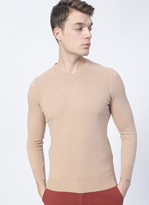Polo Studio X Fabrika V Yaka Dar Kalıp Taba Erkek Kazak LOMBARD 4