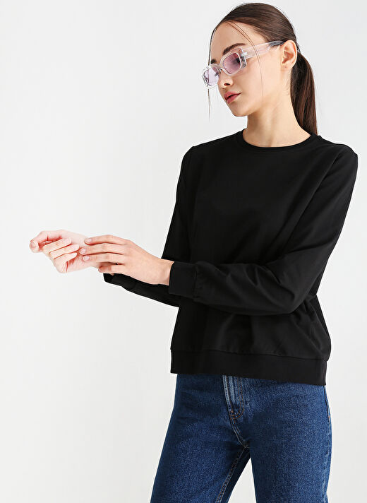 Fabrika Bisiklet Yaka  Basic Düz Siyah Kadın Sweatshirt  -  K-AGORA 1