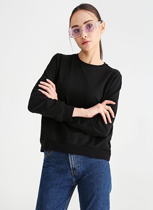 Fabrika Bisiklet Yaka  Basic Düz Siyah Kadın Sweatshirt  -  K-AGORA 2