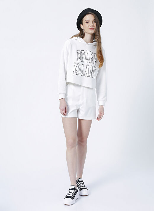 Limon Ekru Kadın Kapüşonlu Crop Baskılı Sweatshirt FIONA  2