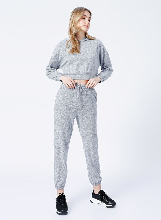 Fabrika B01-Ust Kapüşonlu Lastikli Basic Düz Gri Kadın Sweatshirt 2