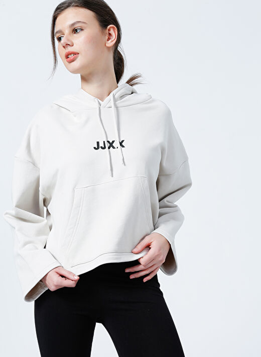 JJXX Kapüşonlu  Oversize Düz Krem Kadın Sweatshirt  -  Jxcarla Ls Oversize Hoodie By 2