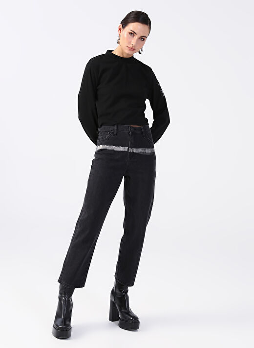 Black On Black  Siyah Bol Kesim Batik Çizgi Detaylı Kadın Denim Pantolon K-KEVA 1