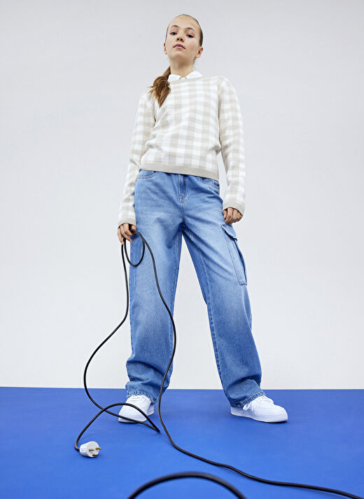 Lmtd Mavi Kız Çocuk Bol Paça Bol Kesim Düz Denim Pantolon NLFCARGIZZA DNM ST PANT W. POCKET D   1