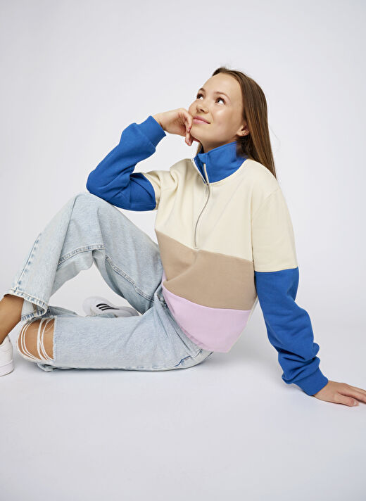 Lmtd Mavi Kız Çocuk Dik Yaka Uzun Kollu Geometrik Sweatshirt NLFNAZIP LS SHORT HALF ZIP SWEAT   1
