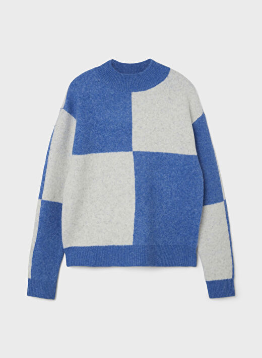 Lmtd O Yaka  Geometrik Desenli Mavi Kız Çocuk Yün Kazak NLFNECK LS SHORT KNIT 2
