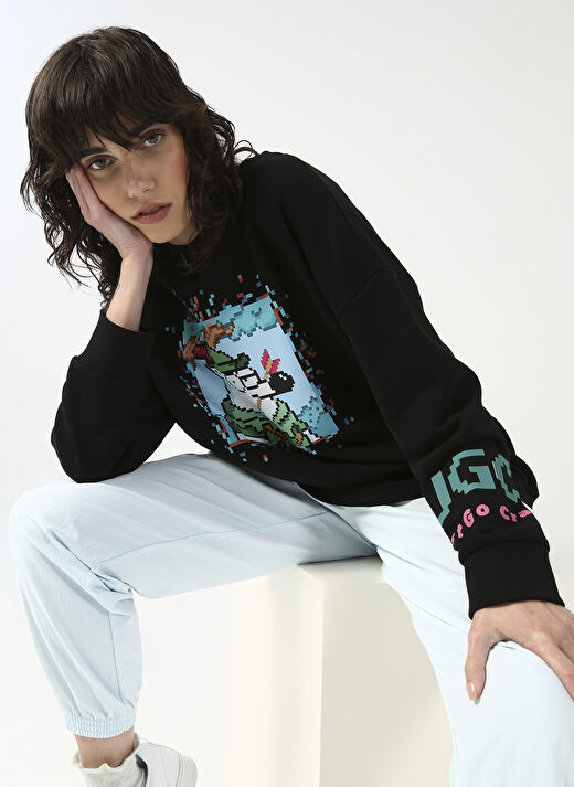 Fluffy Kapüşonlu Oversize Siyah Kadın Sweatshirt FFY-30 1