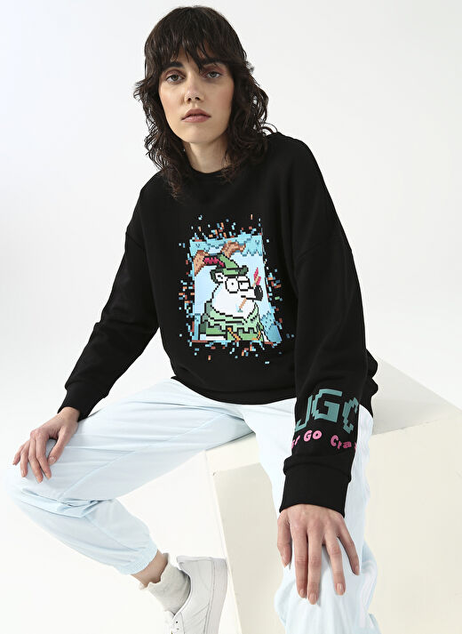 Fluffy Kapüşonlu Oversize Siyah Kadın Sweatshirt FFY-30 4