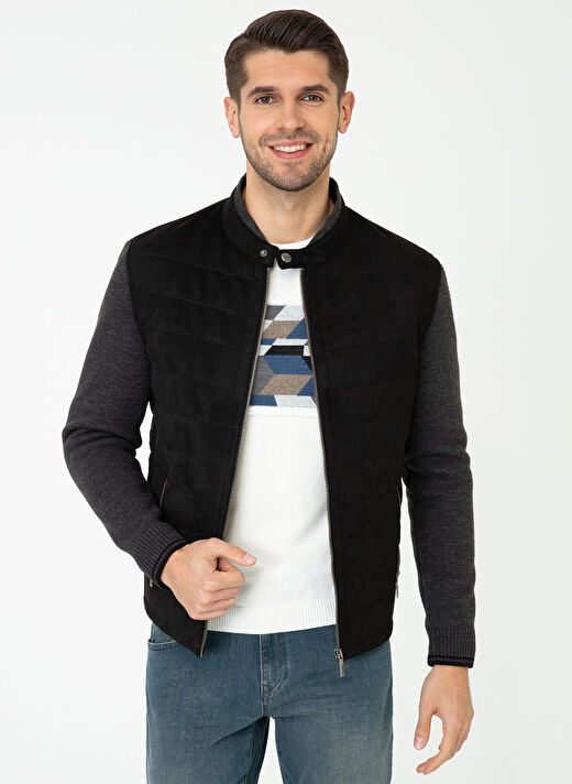 Siyah Erkek Dik Yaka Slim Fit Deri Mont PCSEAY1258 1