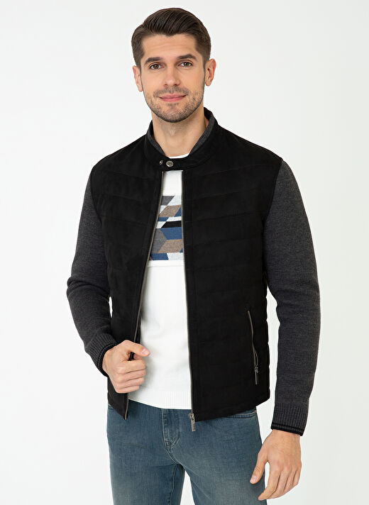 Siyah Erkek Dik Yaka Slim Fit Deri Mont PCSEAY1258 3